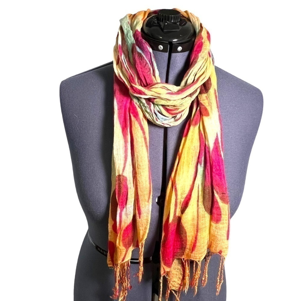 Rue 21 Women's Scarf Orange Yellow Magenta Pink Teal Fringe Hem Flower Rain